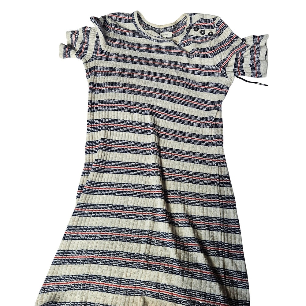 Madewell T-Shirt Dress Womens Large White Striped Knit Button Shoulder Casual